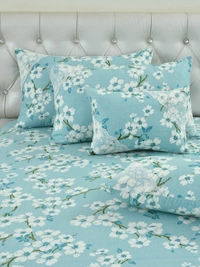 MORADO Glace Cotton 5 Pcs Bedding Set with Net Lace | Queen Size Double Bedsheet with 2 Pillow Covers and 2 Filled Breakfast Pillows - 90x100 Inches, Blue - 90x100 Inches, Blue