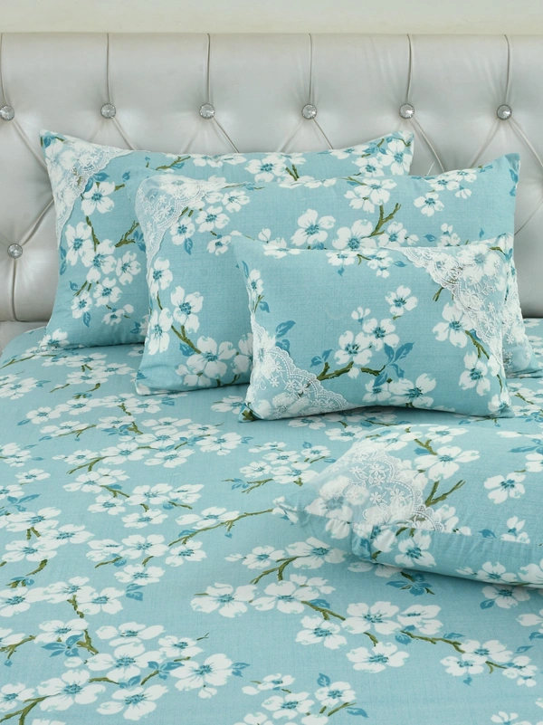 MORADO Glace Cotton 5 Pcs Bedding Set with Net Lace | Queen Size Double Bedsheet with 2 Pillow Covers and 2 Filled Breakfast Pillows - 90x100 Inches, Blue - 90x100 Inches, Blue