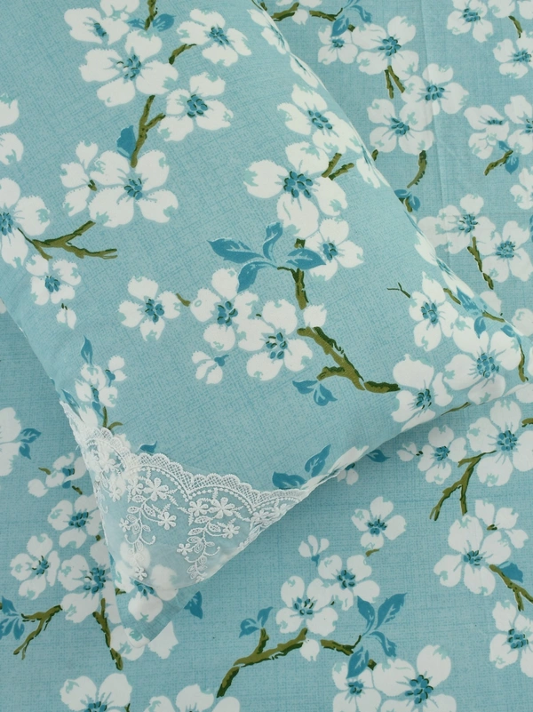 MORADO Glace Cotton 5 Pcs Bedding Set with Net Lace | Queen Size Double Bedsheet with 2 Pillow Covers and 2 Filled Breakfast Pillows - 90x100 Inches, Blue - 90x100 Inches, Blue