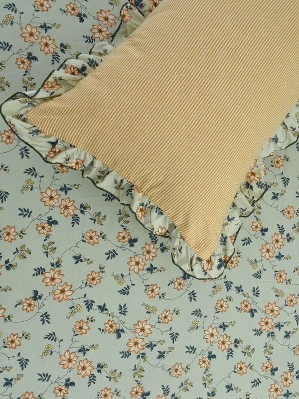 MORADO Glace Cotton King Size Bedsheet with 2 Pillow Covers with Frill (108x108, Inches) - 108x108 Inches, Light Green