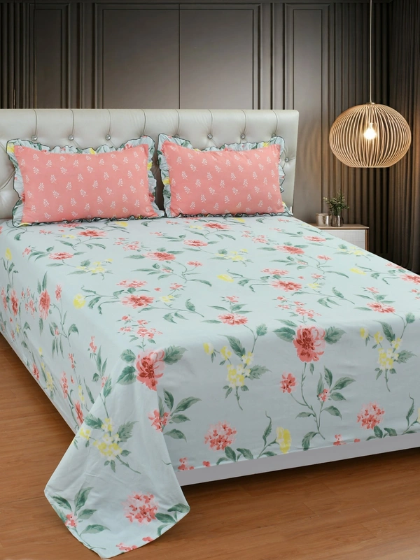 MORADO Glace Cotton King Size Bedsheet with 2 Pillow Covers with Frill (108x108, Inches) - 108x108 Inches, Sky Blue