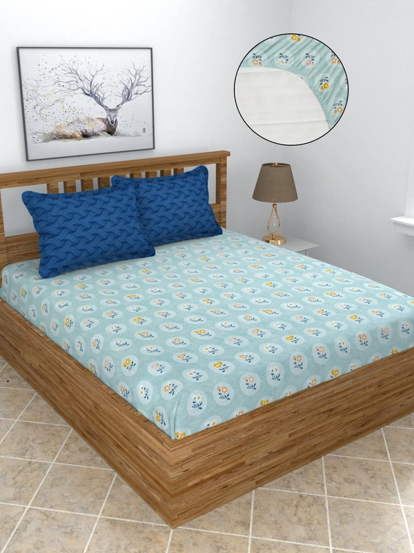MORADO Premium Glace Cotton King Size Elastic Fitted Bedsheet with 2 Pillow Covers (72x78x8 Inches, Blue) - 72x78x10 Inches, Blue