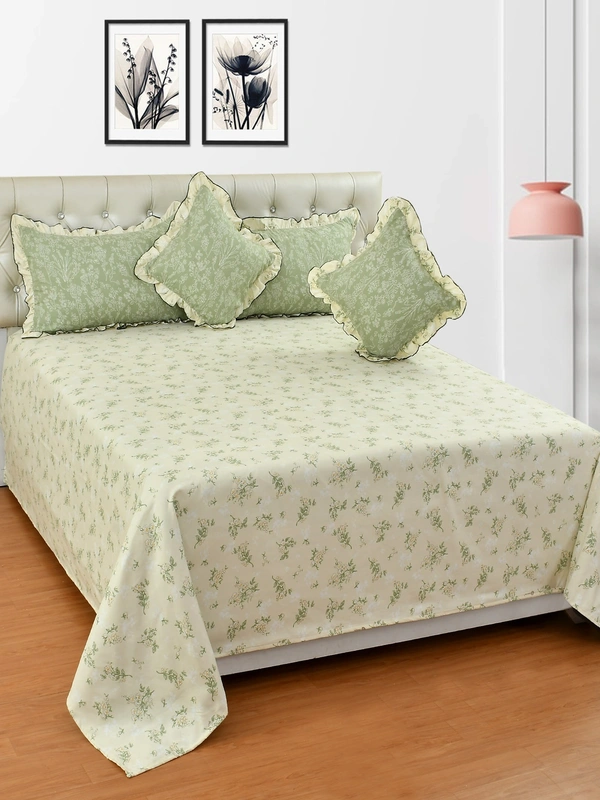 MORADO Glace Cotton 5 Pcs Frill Bedding Set | Double Bed Size Bedsheet with 2 Pillow Covers and 2 Filled Cushions (108x108 Inches - Cream) - 108x108 Inches, Cream
