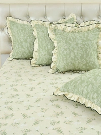 MORADO Glace Cotton 5 Pcs Frill Bedding Set | Double Bed Size Bedsheet with 2 Pillow Covers and 2 Filled Cushions (108x108 Inches - Cream) - 108x108 Inches, Cream