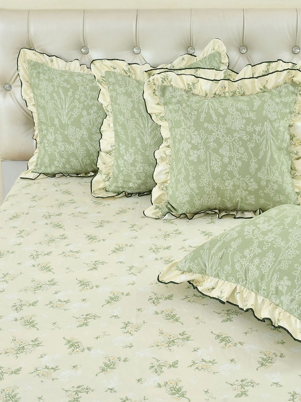 MORADO Glace Cotton 5 Pcs Frill Bedding Set | Double Bed Size Bedsheet with 2 Pillow Covers and 2 Filled Cushions (108x108 Inches - Cream) - 108x108 Inches, Cream