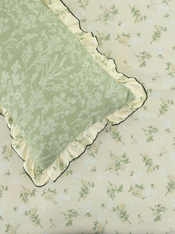 MORADO Glace Cotton 5 Pcs Frill Bedding Set | Double Bed Size Bedsheet with 2 Pillow Covers and 2 Filled Cushions (108x108 Inches - Cream) - 108x108 Inches, Cream