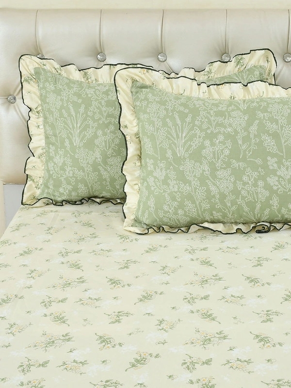 MORADO Glace Cotton 5 Pcs Frill Bedding Set | Double Bed Size Bedsheet with 2 Pillow Covers and 2 Filled Cushions (108x108 Inches - Cream) - 108x108 Inches, Cream