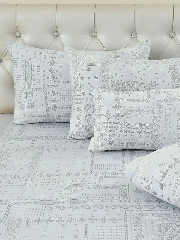 MORADO 100% Pure Cotton 5Pcs Bedding Set with Net Lace | King Size Double Bedsheet with 2 Pillow Covers and 2 Filled Breakfast Pillows - 108x108 Inches, Grey - 108x108 Inches, Grey