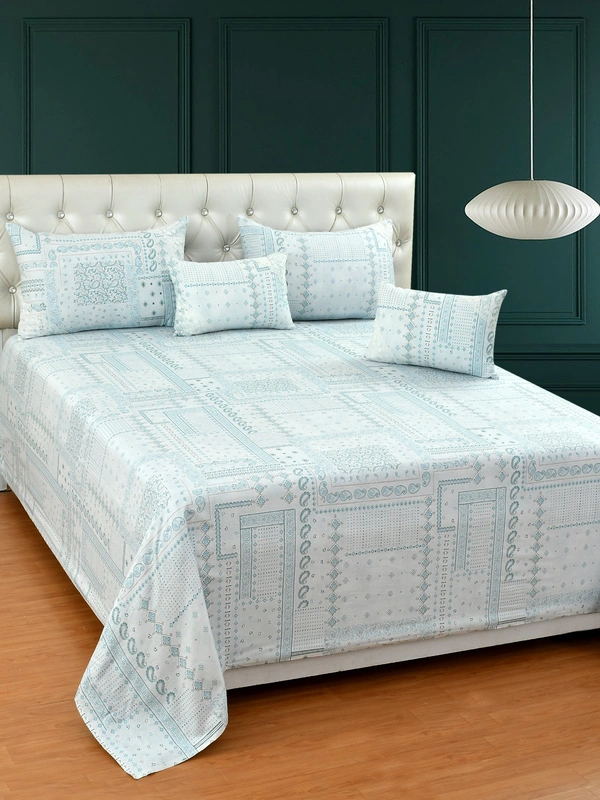 MORADO 100% Pure Cotton 5Pcs Bedding Set with Net Lace | King Size Double Bedsheet with 2 Pillow Covers and 2 Filled Breakfast Pillows - 108x108 Inches, Blue - 108x108 Inches, Blue