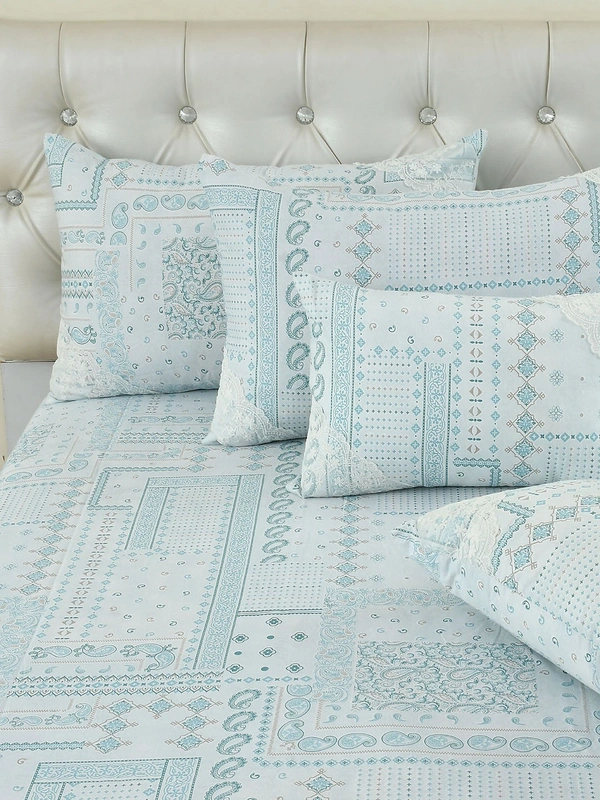 MORADO 100% Pure Cotton 5Pcs Bedding Set with Net Lace | King Size Double Bedsheet with 2 Pillow Covers and 2 Filled Breakfast Pillows - 108x108 Inches, Blue - 108x108 Inches, Blue