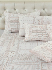 MORADO 100% Pure Cotton 5Pcs Bedding Set with Net Lace | King Size Double Bedsheet with 2 Pillow Covers and 2 Filled Breakfast Pillows - 108x108 Inches, Pink - 108x108 Inches, Pink