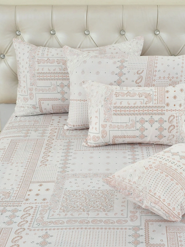 MORADO 100% Pure Cotton 5Pcs Bedding Set with Net Lace | King Size Double Bedsheet with 2 Pillow Covers and 2 Filled Breakfast Pillows - 108x108 Inches, Pink - 108x108 Inches, Pink