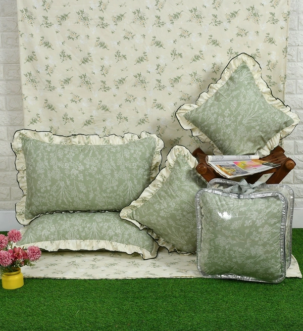 MORADO Glace Cotton 5 Pcs Frill Bedding Set | Double Bed Size Bedsheet with 2 Pillow Covers and 2 Filled Cushions (108x108 Inches - Cream) - 108x108 Inches, Cream