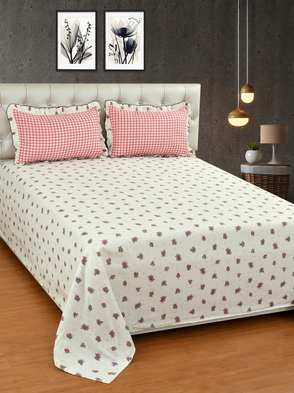 MORADO Glace Cotton King Size Bedsheet with 2 Pillow Covers with Frill (108x108, Inches) - 108x108 Inches, Off White