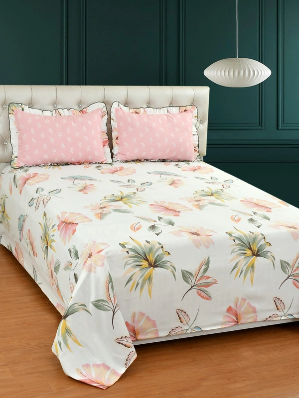 MORADO Glace Cotton King Size Bedsheet with 2 Pillow Covers with Frill (108x108, Inches) - 108x108 Inches, Pink