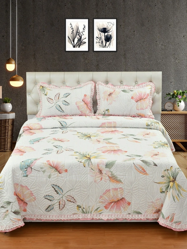 MORADO Glace Cotton Luxury Ultrasonic Printed Lightweight All Season Bedspreads/Quilted Bed Cover With 2 King Size Pillow Covers - (90x100 inches - Pink Lupin With Lace) - 90x100 Inches, Pink