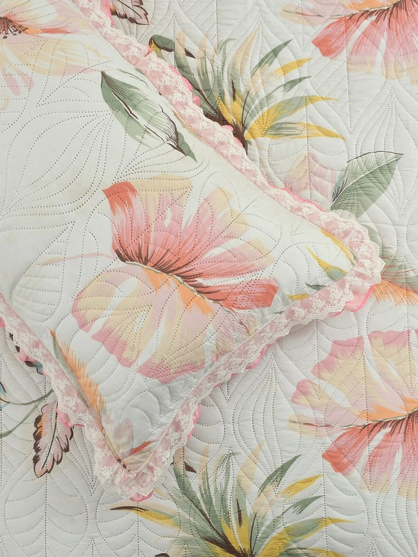 MORADO Glace Cotton Luxury Ultrasonic Printed Lightweight All Season Bedspreads/Quilted Bed Cover With 2 King Size Pillow Covers - (90x100 inches - Pink Lupin With Lace) - 90x100 Inches, Pink