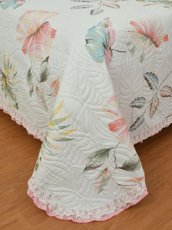 MORADO Glace Cotton Luxury Ultrasonic Printed Lightweight All Season Bedspreads/Quilted Bed Cover With 2 King Size Pillow Covers - (90x100 inches - Pink Lupin With Lace) - 90x100 Inches, Pink