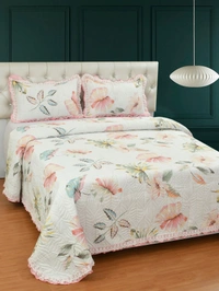 MORADO Glace Cotton Luxury Ultrasonic Printed Lightweight All Season Bedspreads/Quilted Bed Cover With 2 King Size Pillow Covers - (90x100 inches - Pink Lupin With Lace) - 90x100 Inches, Pink