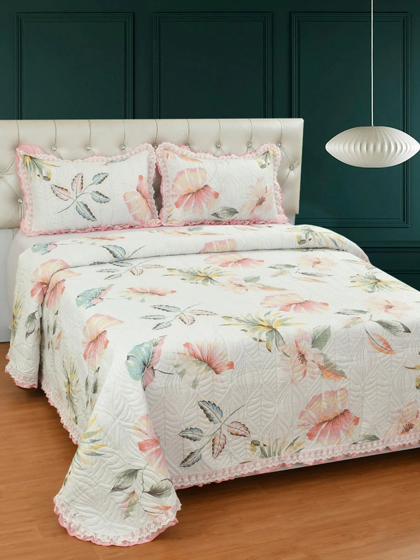 MORADO Glace Cotton Luxury Ultrasonic Printed Lightweight All Season Bedspreads/Quilted Bed Cover With 2 King Size Pillow Covers - (90x100 inches - Pink Lupin With Lace) - 90x100 Inches, Pink