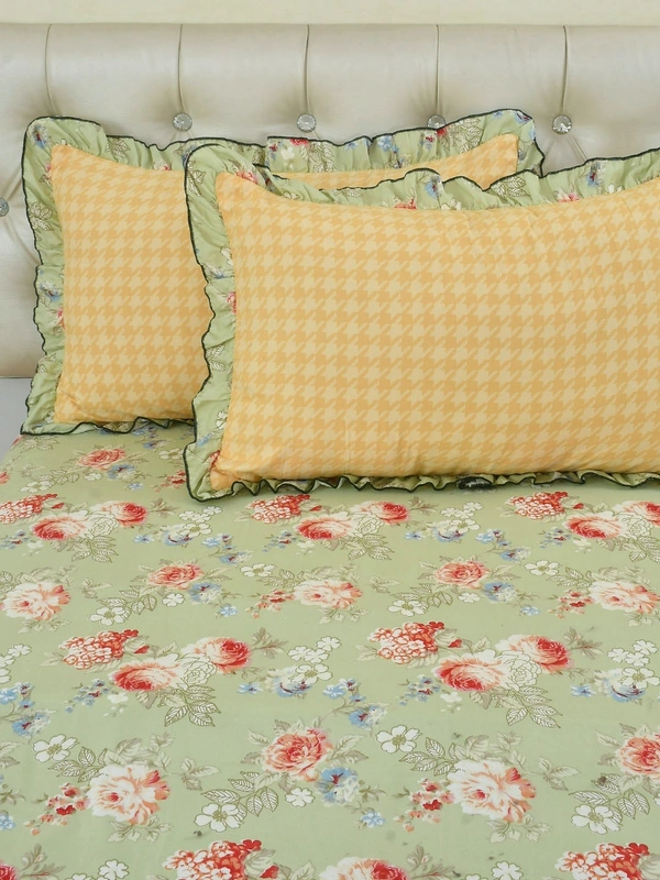 MORADO Glace Cotton 5 Pcs Frill Bedding Set | Double Bed Size Bedsheet with 2 Pillow Covers and 2 Filled Cushions (108x108 Inches - light pastel green. - 108x108 Inches, light pastel green