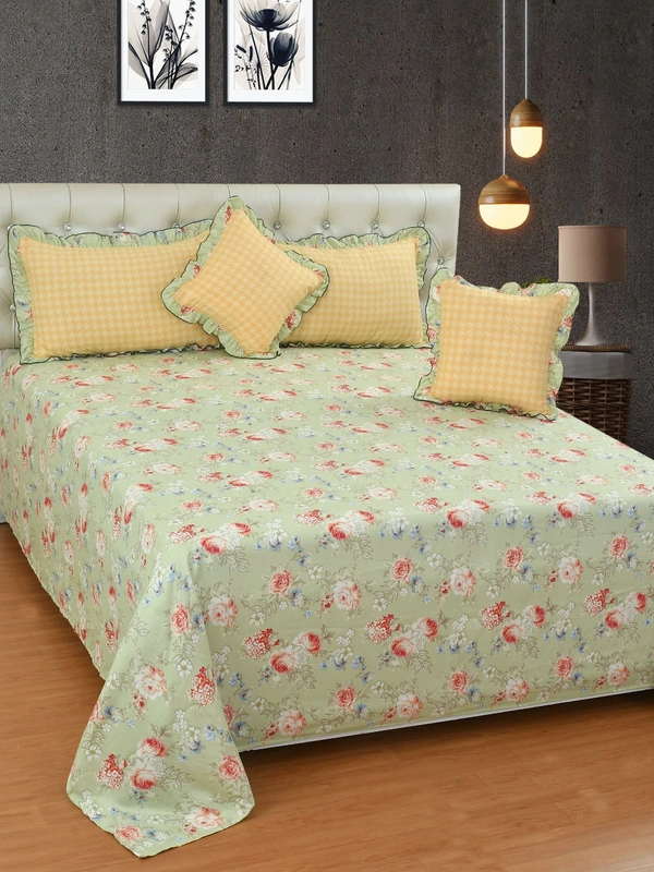 MORADO Glace Cotton 5 Pcs Frill Bedding Set | Double Bed Size Bedsheet with 2 Pillow Covers and 2 Filled Cushions (108x108 Inches - light pastel green. - 108x108 Inches, light pastel green