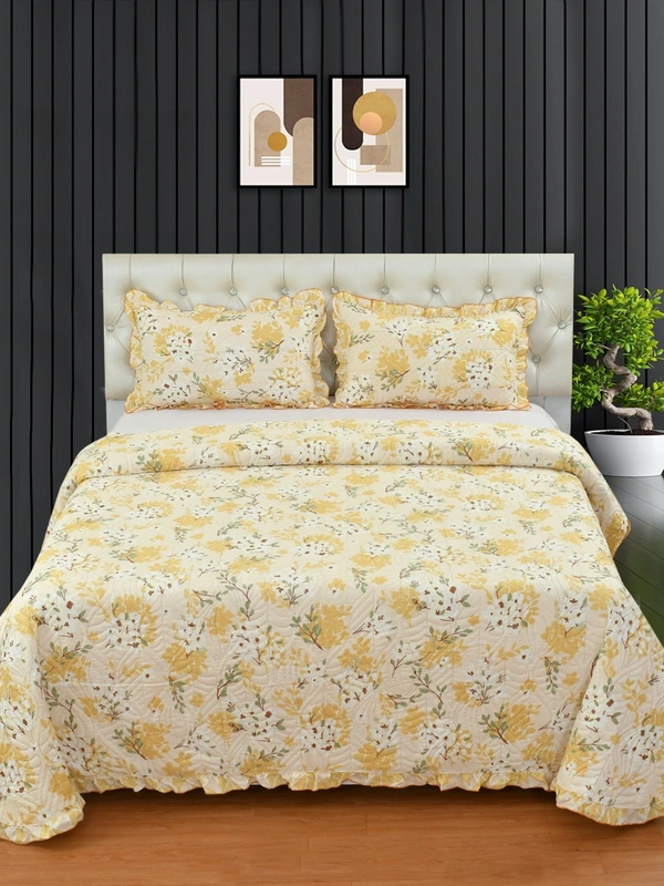 MORADO Glace Cotton Luxury Ultrasonic Printed Lightweight All Season Bedspreads/Quilted Bed Cover With 2 King Size Pillow Covers - (90x100 inches - Mustard Jasmine) - 90x100 Inches, Yellow