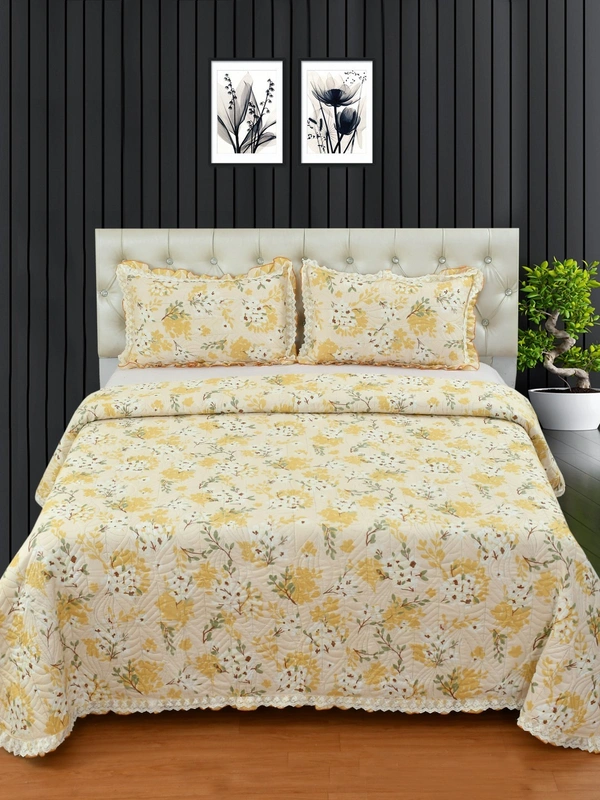 MORADO Glace Cotton Luxury Ultrasonic Printed Lightweight All Season Bedspreads/Quilted Bed Cover With 2 King Size Pillow Covers - (90x100 inches - Mustard Jasmine with Lace) - 90x100 Inches, Yellow