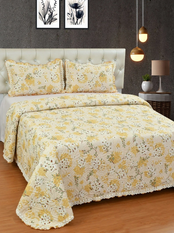 MORADO Glace Cotton Luxury Ultrasonic Printed Lightweight All Season Bedspreads/Quilted Bed Cover With 2 King Size Pillow Covers - (90x100 inches - Mustard Jasmine with Lace) - 90x100 Inches, Yellow