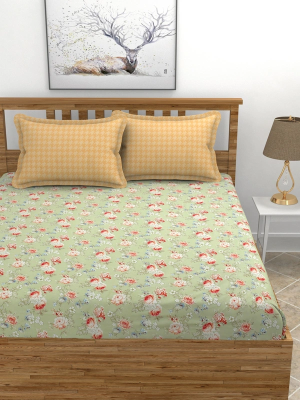 MORADO Glace Cotton King Size Bedsheet with 2 Pillow Covers with Fitted Bedsheet (108x108, Inches) - 108x108 Inches, Sprout