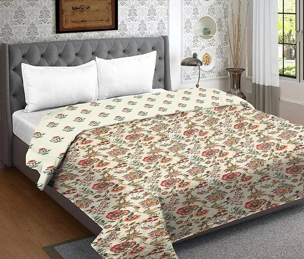 MORADO Glace Cotton Printed Reversible 150 GSM AC Comforter/Quilt/Blanket for Double Bed (90x100 Inches) Cream - 90x100 Inches, Cream