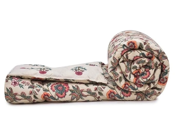 MORADO Glace Cotton Printed Reversible 150 GSM AC Comforter/Quilt/Blanket for Double Bed (90x100 Inches) Cream - 90x100 Inches, Cream