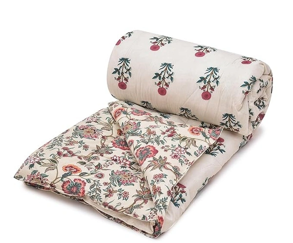 MORADO Glace Cotton Printed Reversible 150 GSM AC Comforter/Quilt/Blanket for Double Bed (90x100 Inches) Cream - 90x100 Inches, Cream