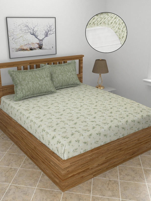 MORADO Premium Glace Cotton King Size Elastic Fitted Bedsheet with 2 Pillow Covers (72x78x8 Inches, Cream) - 72x78x10 Inches, Cream