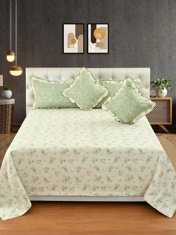 MORADO Glace Cotton 5 Pcs Frill Bedding Set | Double Bed Size Bedsheet with 2 Pillow Covers and 2 Filled Cushions (108x108 Inches - Cream) - 108x108 Inches, Cream