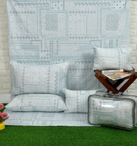 MORADO 100% Pure Cotton 5Pcs Bedding Set with Net Lace | King Size Double Bedsheet with 2 Pillow Covers and 2 Filled Breakfast Pillows - 108x108 Inches, Blue - 108x108 Inches, Blue