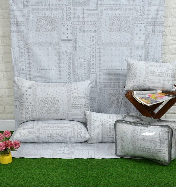 MORADO 100% Pure Cotton 5Pcs Bedding Set with Net Lace | King Size Double Bedsheet with 2 Pillow Covers and 2 Filled Breakfast Pillows - 108x108 Inches, Grey - 108x108 Inches, Grey