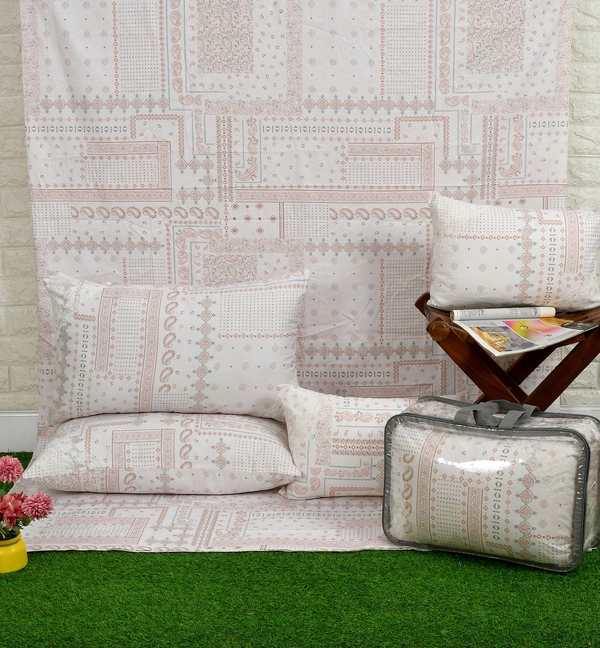 MORADO 100% Pure Cotton 5Pcs Bedding Set with Net Lace | King Size Double Bedsheet with 2 Pillow Covers and 2 Filled Breakfast Pillows - 108x108 Inches, Pink - 108x108 Inches, Pink