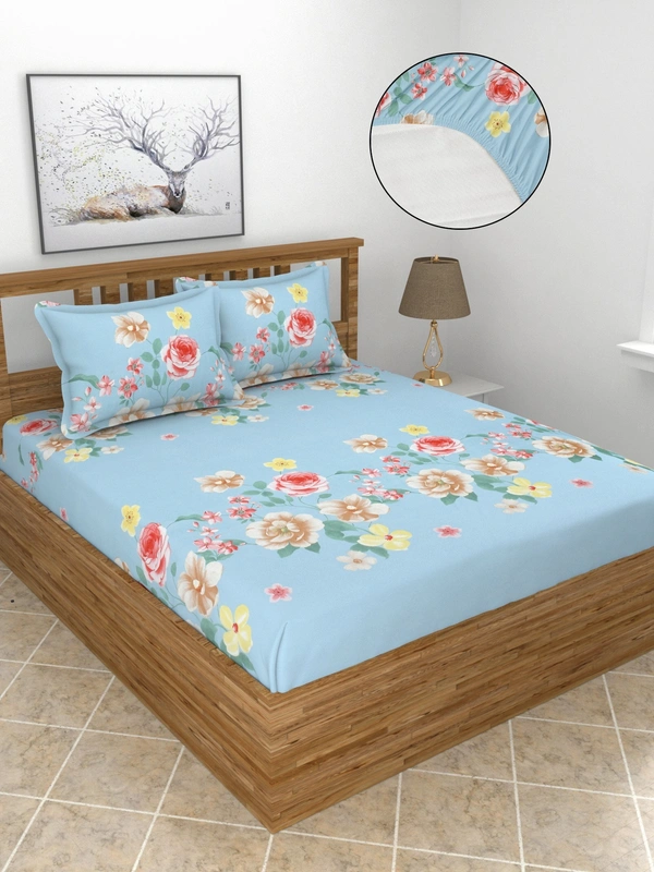 MORADO Premium Glace Cotton King Size Elastic Fitted Bedsheet with 2 Pillow Covers (72x78x8 Inches, Sky Blue) - 72x78x10 Inches, Sky Blue