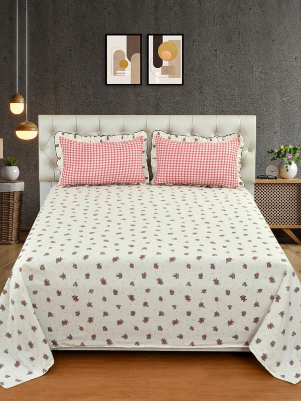 MORADO Glace Cotton King Size Bedsheet with 2 Pillow Covers with Frill (108x108, Inches) - 108x108 Inches, Off White