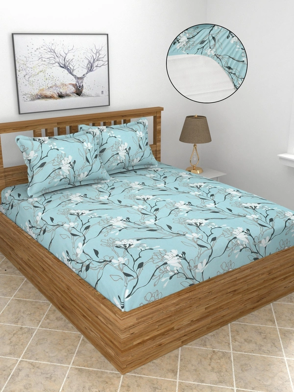 MORADO Premium Glace Cotton King Size Elastic Fitted Bedsheet with 2 Pillow Covers (72x78x8 Inches, Sky Blue) - 72x78x10 Inches, Sky Blue