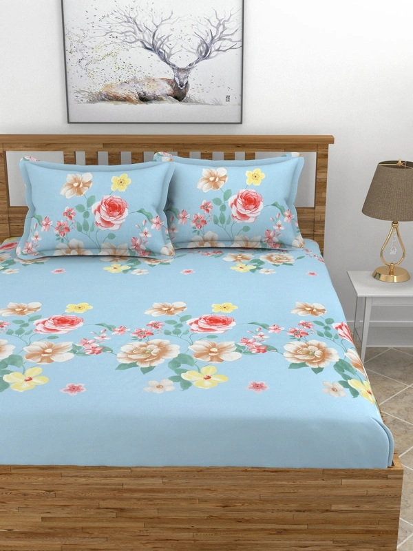 MORADO Premium Glace Cotton King Size Elastic Fitted Bedsheet with 2 Pillow Covers (72x78x8 Inches, Sky Blue) - 72x78x10 Inches, Sky Blue