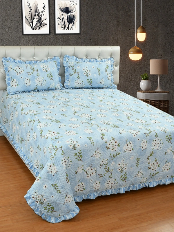 MORADO Glace Cotton Luxury Ultrasonic Printed Lightweight All Season Bedspreads/Quilted Bed Cover With 2 King Size Pillow Covers - (90x100 inches - light blue with Lace) - 90x100 Inches, Cyan Aqua