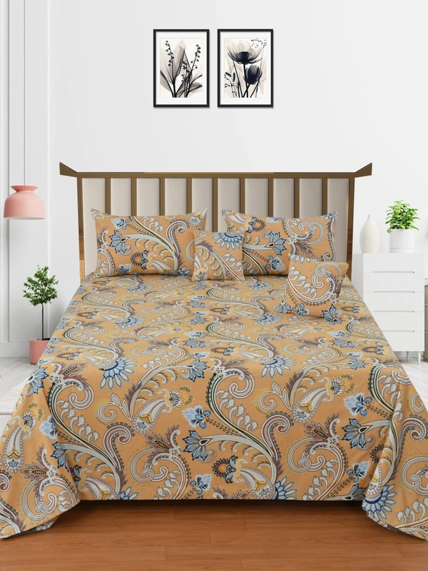 MORADO Glace Cotton 5 Pcs Quilted Bedding Set | Double Bed Size Bedsheet With 2 Pillow Covers And 2 Filled Cushions (90x100 Inches - Mustard Yellow) - 90x100 Inches, Mustard Yellow