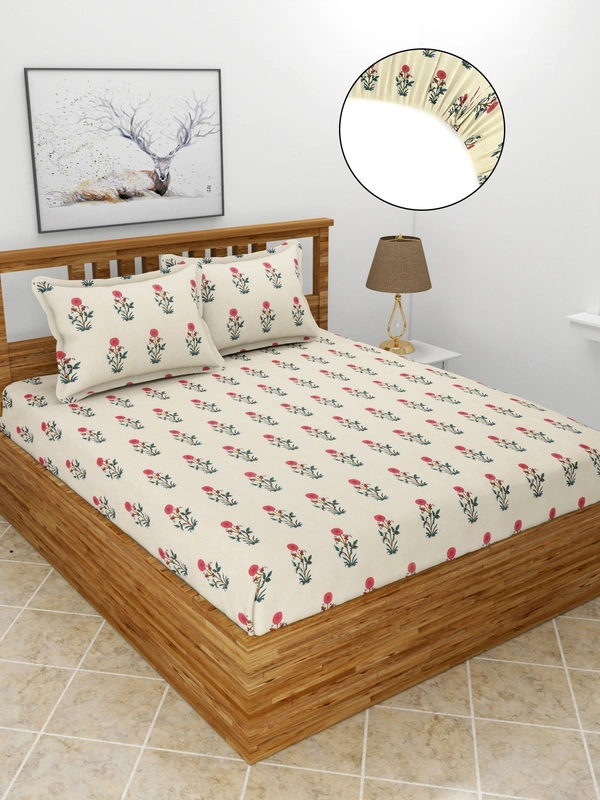 MORADO Premium Glace Cotton Elastic Fitted Double Bedsheet with 2 King Size Pillow Covers (72x78x8 Inches) - 72x78x8 Inches, Offwhite