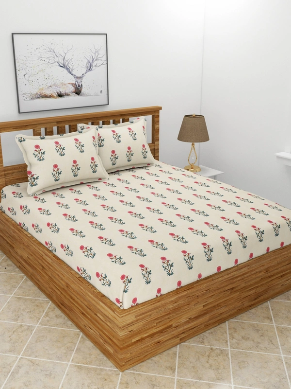 MORADO Premium Glace Cotton Double Bedsheet with 2 King Size Pillow Covers (90x100 Inches) - Offwhite