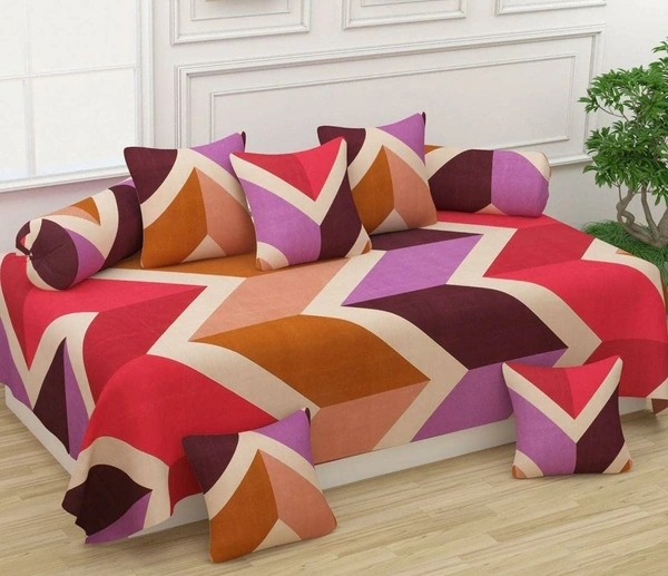 MORADO Glace Cotton 8 Pieces Diwan Set Including 1 Bedsheet, 5 Cushion Covers and 2 Bolster Covers, Brown Orange ZigZag - Multicolor