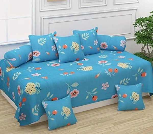 MORADO Glace Cotton 8 Pieces Diwan Set Including 1 Bedsheet, 5 Cushion Covers and 2 Bolster Covers, Blue Flower - Blue