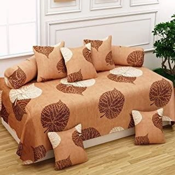 MORADO Glace Cotton 8 Pieces Diwan Set Including 1 Bedsheet, 5 Cushion Covers and 2 Bolster Covers, Brown Leaf - Brown
