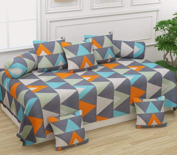 MORADO Glace Cotton 8 Pieces Diwan Set Including 1 Bedsheet, 5 Cushion Covers and 2 Bolster Covers, Grey Blue White - Grey